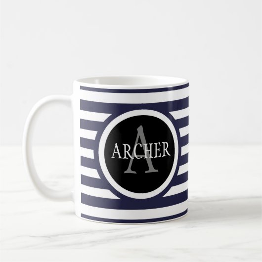 Monogramm Name Navy Strips Kaffeetasse (Links)