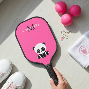 Monogramm Name Niedlich Panda Einfach Rosa Pickleball Schläger