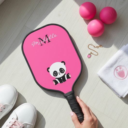 Monogramm Name Niedlich Panda Einfach Rosa Pickleball Schläger