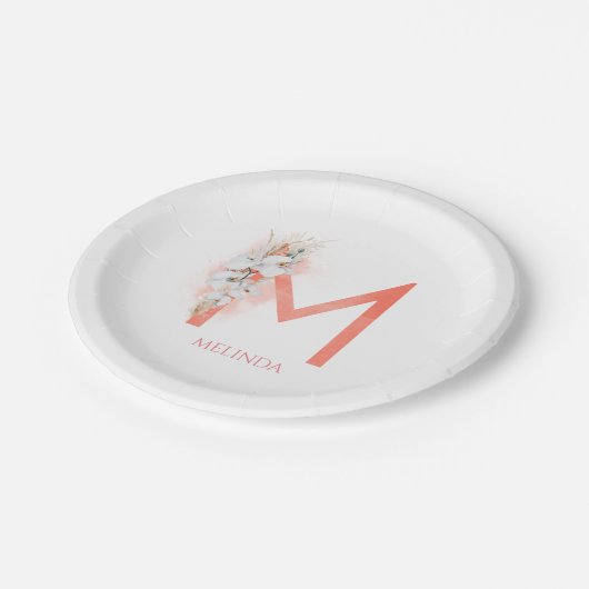 Monogramm Name Pampas Gras Weiße Orchideen Pappteller (Schrägansicht)