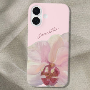 Monogramm Name Pastell Rosa Florale Orchidee Elega iPhone 16 Hülle