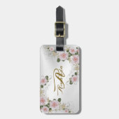 Monogramm Name Pink Floral Silver Gray Travel Gepäckanhänger (Vorderseite vertikal)