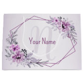 Monogramm Name Pink Floral Violett Lila Rahmen Große Geschenktüte (Vorderseite)