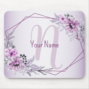 Monogramm Name Pink Floral Violett Lila Rahmen Mousepad