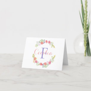 Monogramm-Name Pink Lila Gelb Grün Blumig  Dankeskarte