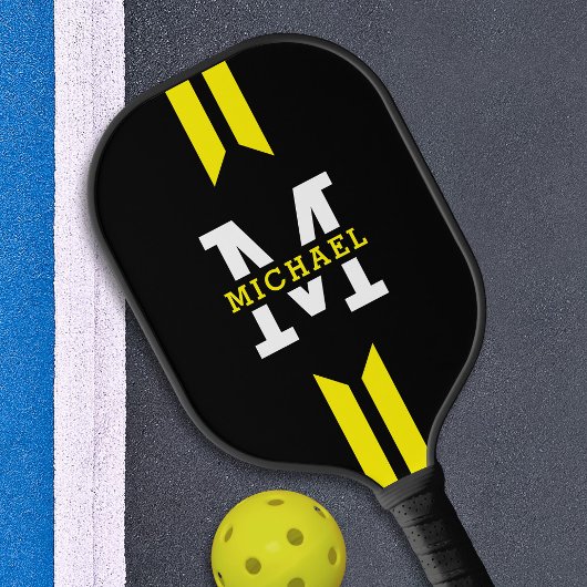 Monogramm Name Racer Gelber Streifen Pickleball Schläger