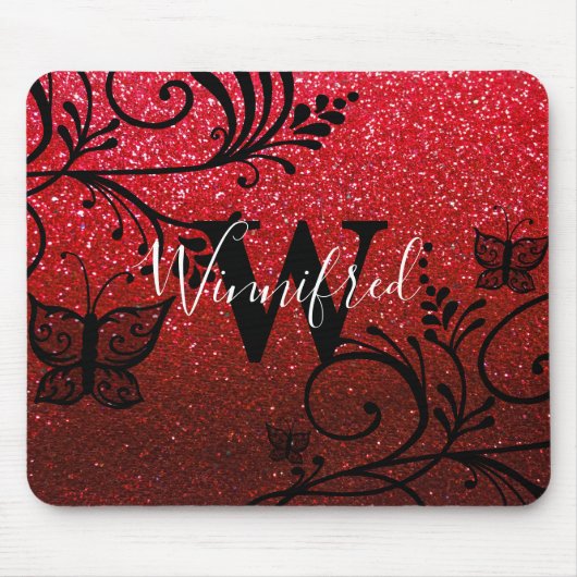 Monogramm Name Red Black Ombre Glitzer Butterfells Mousepad (Vorne)