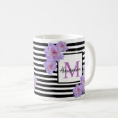 Monogramm Name Rosa Blume Schwarzer Streifen Kaffeetasse (VorderseiteRechts)