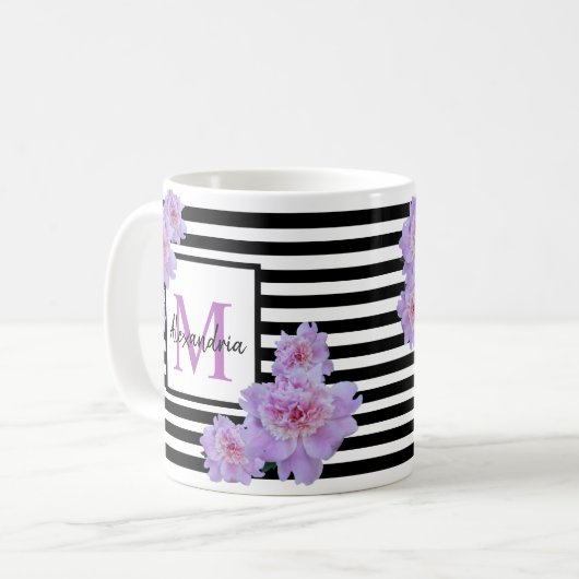 Monogramm Name Rosa Blume Schwarzer Streifen Kaffeetasse (Vorderseite Links)