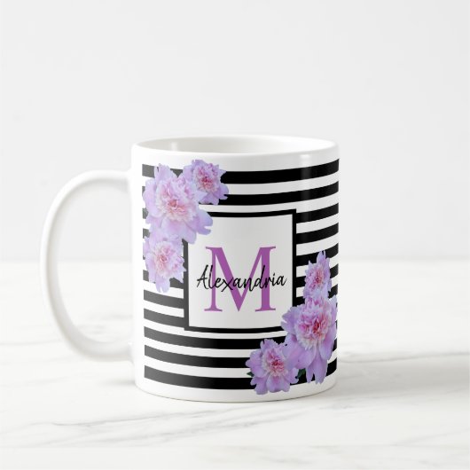 Monogramm Name Rosa Blume Schwarzer Streifen Kaffeetasse (Links)