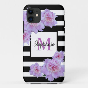 Monogramm Name Rosa Blume Schwarzer Streifen Lila Case-Mate iPhone Hülle
