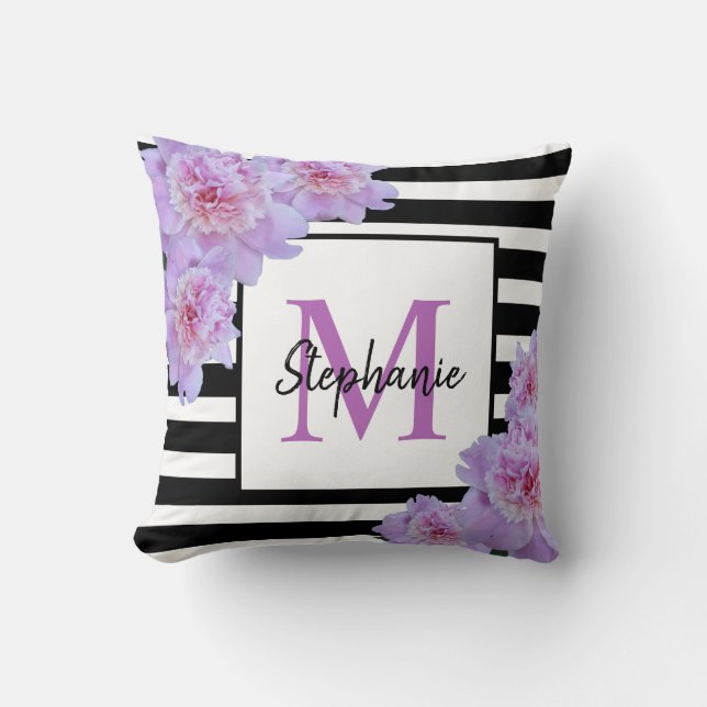 Monogramm Name Rosa Blume Schwarzer Streifen Lila Kissen (Vorderseite)