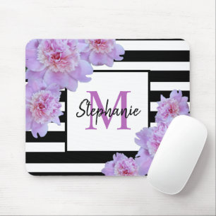 Monogramm Name Rosa Blume Schwarzer Streifen Lila Mousepad