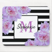 Monogramm Name Rosa Blume Schwarzer Streifen Lila Mousepad (Vorne)