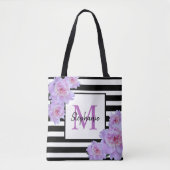 Monogramm Name Rosa Blume Schwarzer Streifen Tote  Tasche (Vorderseite)