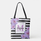 Monogramm Name Rosa Blume Schwarzer Streifen Tote  Tasche (Rückseite)