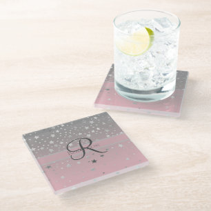 Monogramm Name Rosa Grau Silber Sterne Trend  Glasuntersetzer