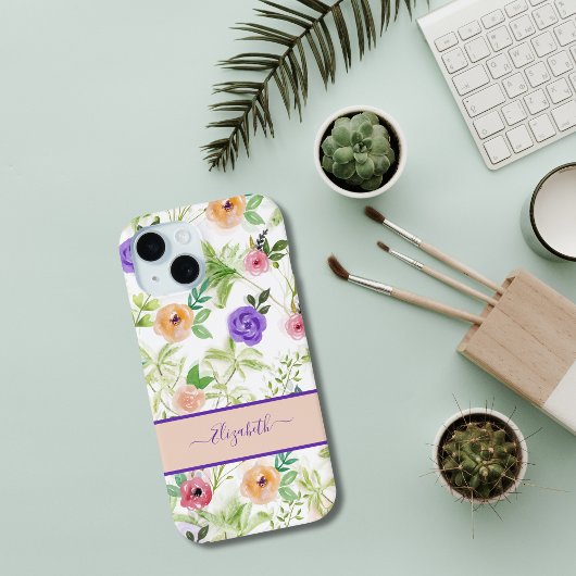 Monogramm Name Rosa Lila Pfirsichfarben Blütenfarb Case-Mate iPhone Hülle