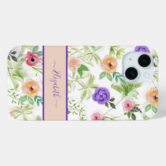 Monogramm Name Rosa Lila Pfirsichfarben Blütenfarb Case-Mate iPhone Hülle (Rückseite (Horizontal))