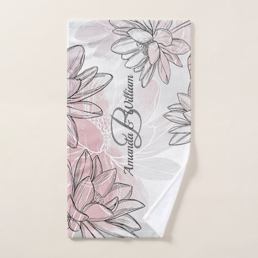Monogramm Name Rosa Weiße Blume Aquarellsilber Badhandtuch Set (Handtuch)