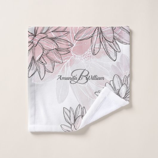 Monogramm Name Rosa Weiße Blume Aquarellsilber Badhandtuch Set (Waschlappen)