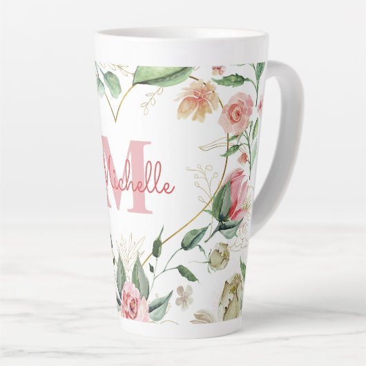 Monogramm Name Rosa Weiße Rosa Wasserfarbe Blütenf Milchtasse (Rechte Ecke)