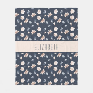 Monogramm Name Rosé Navy Blau Floral  Fleecedecke