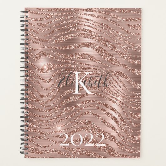 Monogramm Name Roségold Glitter Tierprint Planer (Vorderseite)