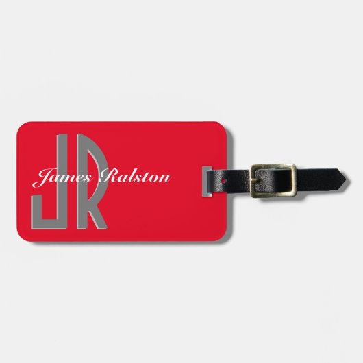 Monogramm/Name, rot, grau und weiß personalisieren Gepäckanhänger (Vorderseite horizontal)