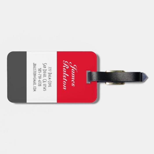 Monogramm/Name, rot, grau und weiß personalisieren Gepäckanhänger (Rückseite horizontal)