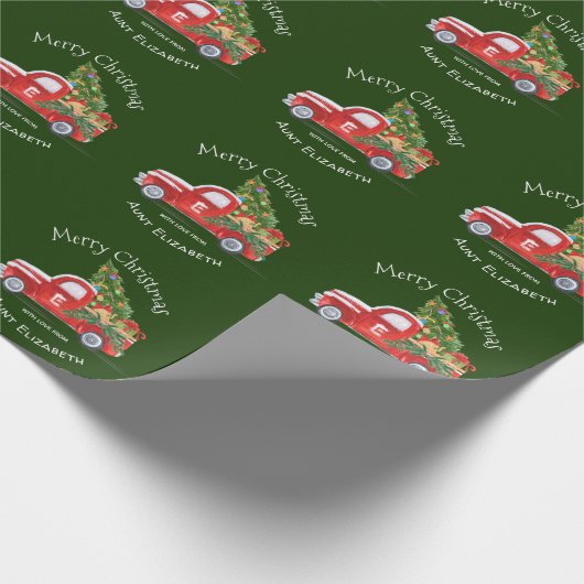 Monogramm Name Rustikaler roter Lkw Grüne Weihnach Geschenkpapier (Ecke)