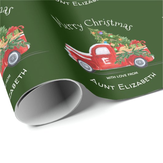 Monogramm Name Rustikaler roter Lkw Grüne Weihnach Geschenkpapier (Rolleneckpunkt)