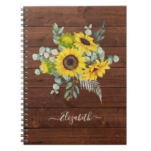 Monogramm Name Rustikales Holz Sonnenblumen Foto Notizblock