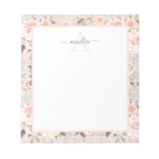 Monogramm Name Rustikales Holz und Vintage Rose Ro Notizblock