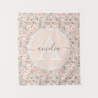 Monogramm Name Rustikales Holz und Vintage Rose Ro Wandteppich