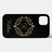 Monogramm Name Schwarz Gold Glitter Damast Schwung Case-Mate iPhone Hülle (Rückseite (Horizontal))