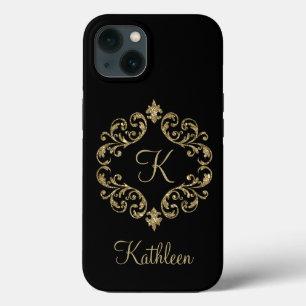 Monogramm Name Schwarz Gold Glitter Damast Schwung Case-Mate iPhone Hülle