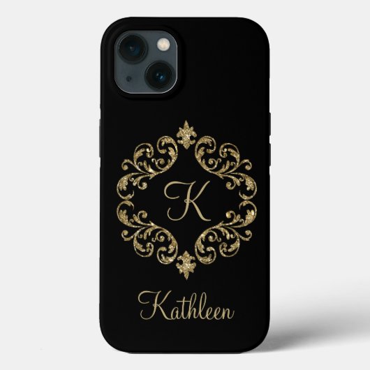 Monogramm Name Schwarz Gold Glitter Damast Schwung Case-Mate iPhone Hülle (Rückseite)