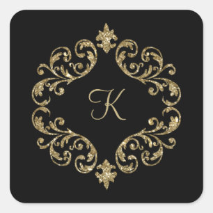Monogramm Name Schwarz Gold Hochzeit Feierlich Par Quadratischer Aufkleber