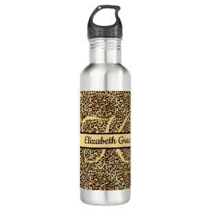 Monogramm Name Schwarz Gold Leopard Druck Cheetah  Edelstahlflasche