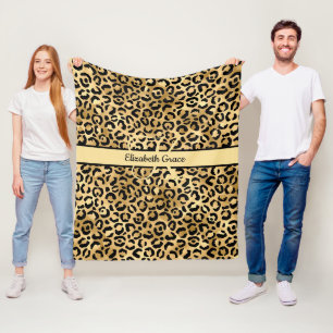 Monogramm Name Schwarz Gold Leopard Druck Cheetah  Fleecedecke