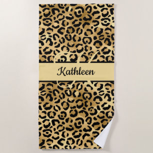 Monogramm Name Schwarz Gold Leopard Gepard Druck Strandtuch