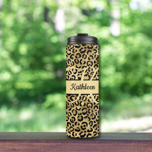 Monogramm Name Schwarz Gold Leopard Gepard Druck Thermosbecher