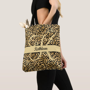 Monogramm Name Schwarz Gold Leopard Print Brautjun Tasche