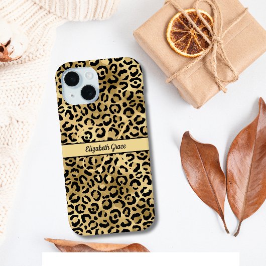 Monogramm Name Schwarz Gold Leopardenprint Gepard Case-Mate iPhone Hülle