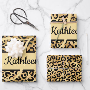 Monogramm Name Schwarz Gold Leopardenprint Gepard Geschenkpapier Set