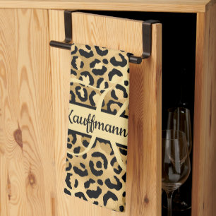Monogramm Name Schwarz Gold Leopardenprint Gepard Geschirrtuch