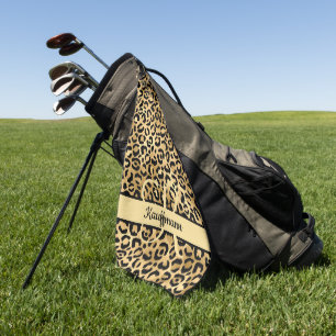 Monogramm Name Schwarz Gold Leopardenprint Gepard Golfhandtuch