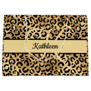 Monogramm Name Schwarz Gold Leopardenprint Gepard Große Geschenktüte