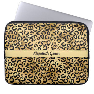 Monogramm Name Schwarz Gold Leopardenprint Gepard Laptopschutzhülle